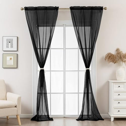 Black Sheer Curtains 84 Inches Long Rod Pocket - color: Black, size: 42"W x 84"L (Pack of 2)