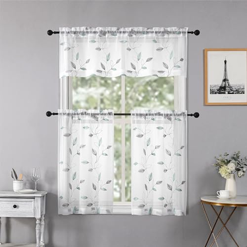 Regal Home Collections Kitchen Tiers & Window Valance Curtains Set - 54x36 Rod Pocket Cafe Tier, Curtain Valances for Windows - Light Filtering Fabric, Leaves White/Aqua - color: Cedar/Aqua