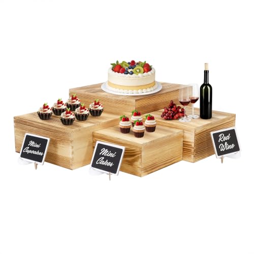 4 Pack Wooden Buffet Risers Cupcake Stand Buffet Display with Mini Signs - color: Beige, size: 4 Pcs