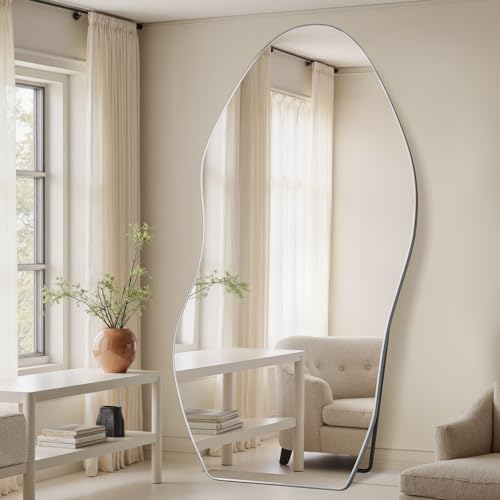 Antok Irregular Full Length Mirror, 81"x41" Asymmetrical Floor Mirror with Stand, Standing Hanging Leaning Irregular Mirrors for Bedroom Living Room Entryway, Wavy Shaped, Silvery - color: Silver, size: 81"L x 41"W, style: Wavy Shaped Style