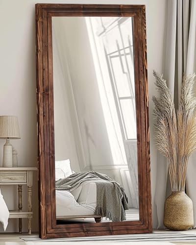 76x34in Full Length Mirror, 3-Tier Stepped Solid Wood Frame, Brown - color: Brown, size: 76"L x 34"W