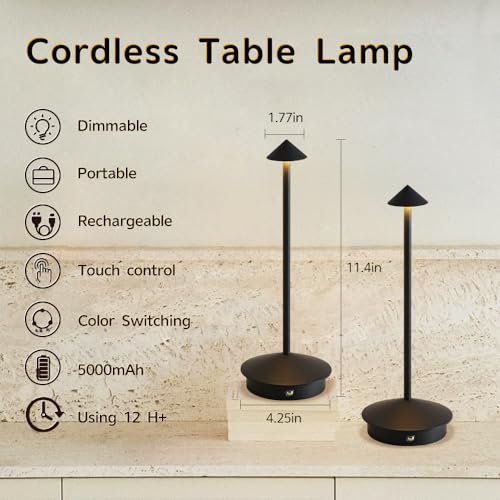 EJQ 2 Pack LED Rechargeable Cordless Table Lamps,Portable Outdoor 5000mAh Battery Operated Table Light Touch Control 3 Color Dimmable for Patio/Cofee/Restaurant/Camping/Dining/Bedroom-Black - color: Heise