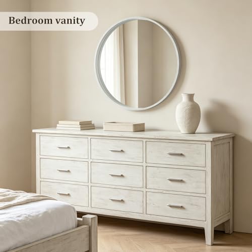 WallBeyond 36 Inch Round Wood Mirror, Large Circle Wooden Frame Wall Mirror for Bathroom, Living Room, Bedroom, Entryway (White) - color: White, size: 36"L x 36"W