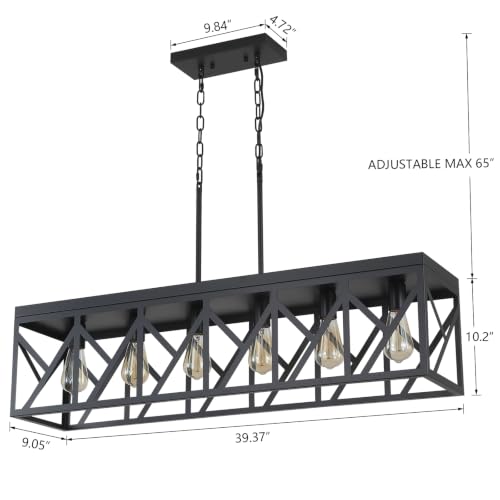 Rustic Farmhouse Metal Kitchen Island Lighting, 6 Lights Rectangular Pendant Light Fixture, Adjustable Rods Modern Metal Linear Chandelier for Kitchen Island Farmhouse Dining Room, Black - size: Large 6 lights