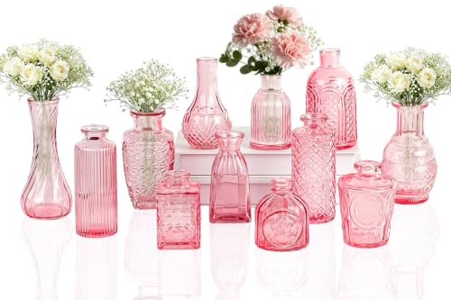 Clear Pink Glass Bud Vase Set of 12 Pcs,Small Bud Vases in Bulk,Glass Crystal Flower Vases Table Centerpieces for Party Event Wedding Decor Baby Shower Decorations (Pink, 12 Pcs) - color: Pink, size: 12 Pcs