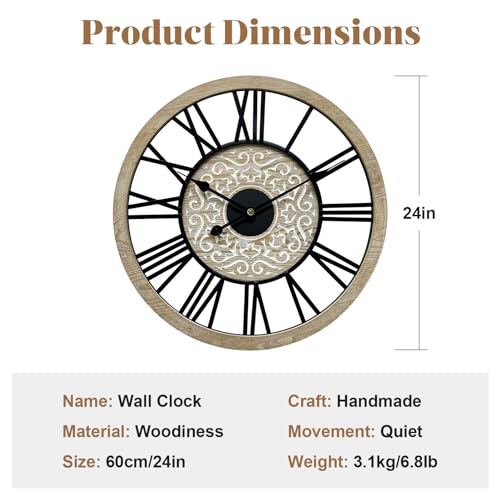 Large Farmhouse Wall Clock for Living Room Decor,24 in Round Carved Wooden Wall Clock,Rustic Silent Non-Ticking Decorative Wall Clocks for Bedroom/Kitchen/Entryway/Office/Dining Room - style: Farmhouse clock 1