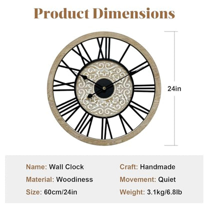 Large Farmhouse Wall Clock for Living Room Decor,24 in Round Carved Wooden Wall Clock,Rustic Silent Non-Ticking Decorative Wall Clocks for Bedroom/Kitchen/Entryway/Office/Dining Room - style: Farmhouse clock 1