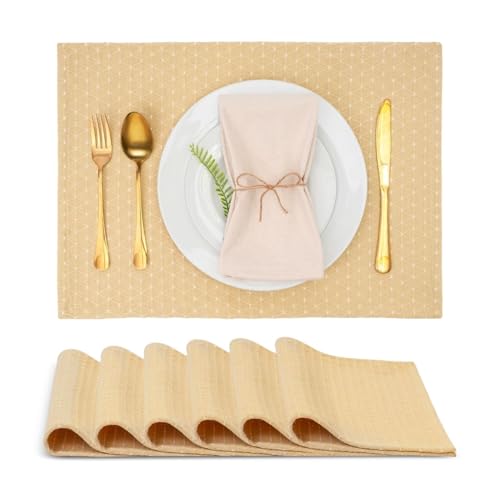 Cotton Placemats Set of 6-13x19 Inch, Diamond Quilted Place Mats, Durable & Elegant for Dining Table, Wedding, Restaurant, Machine Washable, Oeko-TEX Certified - Beige - color: Beige - Diamond Quilted