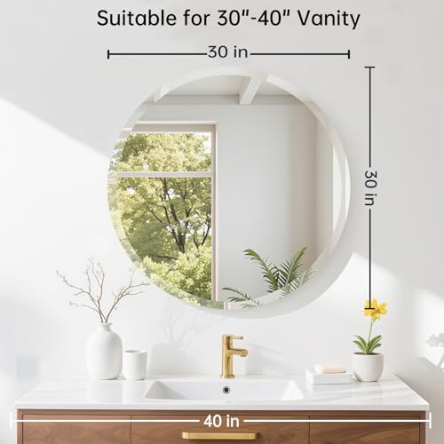 30 Inch Round Frameless Bathroom Mirror, Beveled Round Mirror - size: 30"L x 30"W