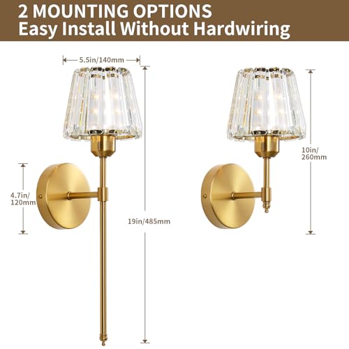 Battery Operated Crystal Wall Sconce Set of 2, Gold Rechargeable Wireless Wall Sconces with Remote Dimmable 12 Colors Modes Led Wall Lights, Wall Lamp for Bedroom Living Room Hallway, 2 Bulbs Included - color: Gold