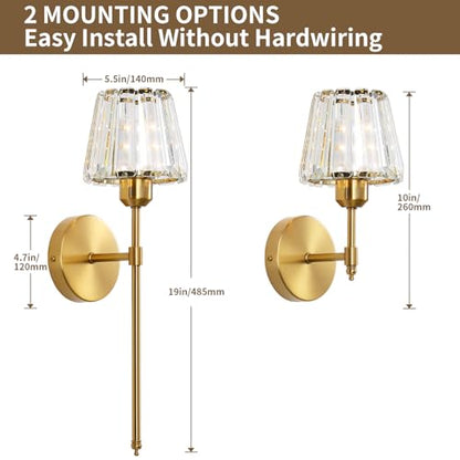 Battery Operated Crystal Wall Sconce Set of 2, Gold Rechargeable Wireless Wall Sconces with Remote Dimmable 12 Colors Modes Led Wall Lights, Wall Lamp for Bedroom Living Room Hallway, 2 Bulbs Included - color: Gold