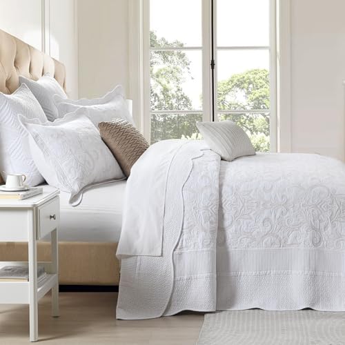 100% Cotton Oversized Bedspread Quilt Coverlet Set, 128"x120" - color: White/Beige Embroidery, size: Extra Wide Super King(128"x120")