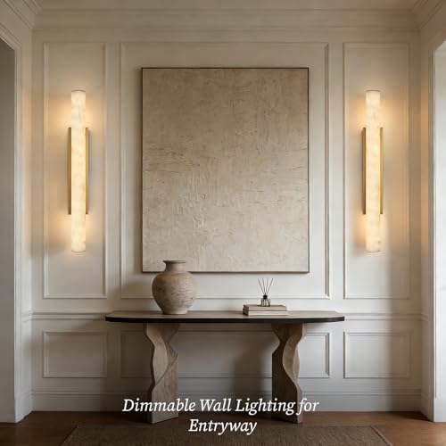 36" Alabaster Wall Sconce, Large Brass Linear Sconce, Modern Bathroom Vanity Light, 3000K Dimmable Faux Alabaster Sconces, Durable Indoor Wall Lamp for Bedroom Living Room, Entryway, Stairs (1 Pack) - color: Gold-36in-1pcs