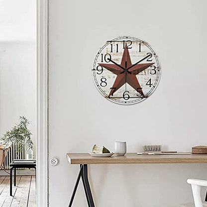 Round Farmhouse Wall Clock Western Texas Star Antique Style Wood Clock Quiet Non-Ticking Battery Operated Easy to Read Retro Wall Hanging Analog Clock for Living Room Kitchen Home 15 Inch - color: Style-3, size: 15in