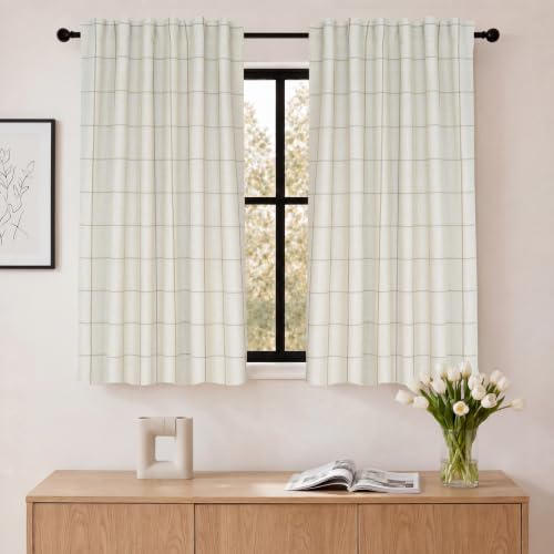 DriftAway 100% Blackout Windowpane Plaid Linen Curtains 36 Inches Taupe - color: Taupe, size: 52"W x 36"L (Pack of 2)