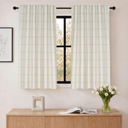 DriftAway 100% Blackout Windowpane Plaid Linen Curtains 36 Inches Taupe - color: Taupe, size: 52"W x 36"L (Pack of 2)
