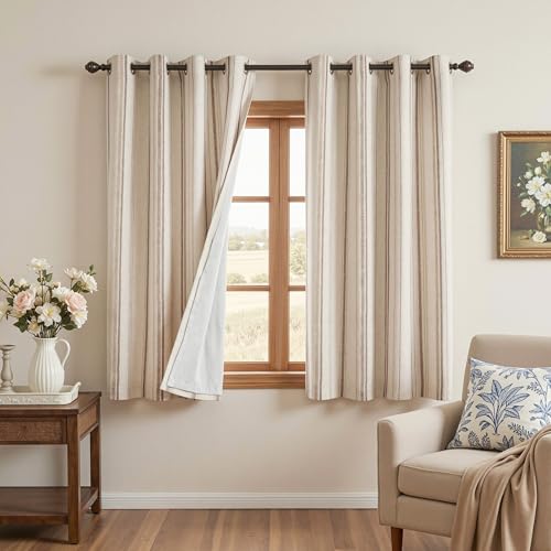 MYSKY HOME Farmhouse Striped Linen Curtains 100% Blackout 52Wx63L,2 Panels - color: Taupe/Blackout, size: 52"W x 63"L (Pack of 2)