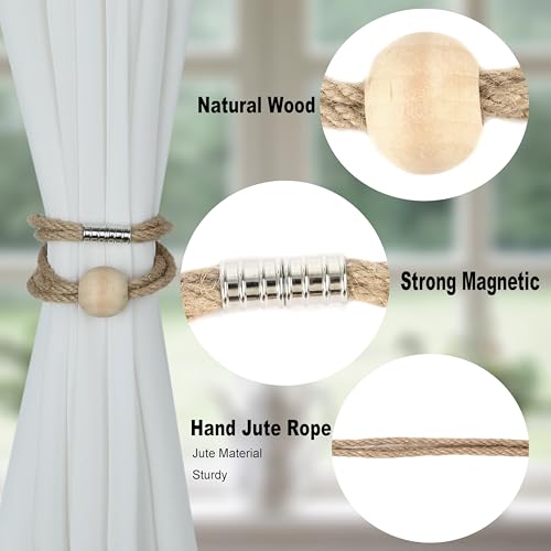 BEL AVENIR Jute Magnetic Curtain Tiebacks, Boho Farmhouse Curtain Tie Backs - color: Jute-1 Bead