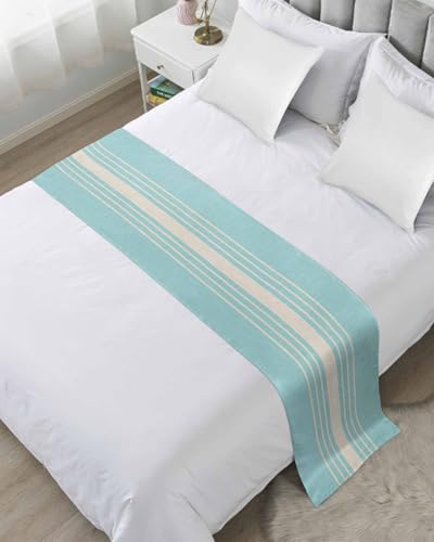 Aqua Beige Striped Bed Runner for Twin Size, Farmhouse Hotel Bed Scarf, Modern Farmhouse Retro Lines Decorative Beds Throws of Foot Bedding Runners & Scarves for Bedroom Wedding Room, 71 x 20 Inch - color: Lightblue Beige, size: 71 x 20 Inch