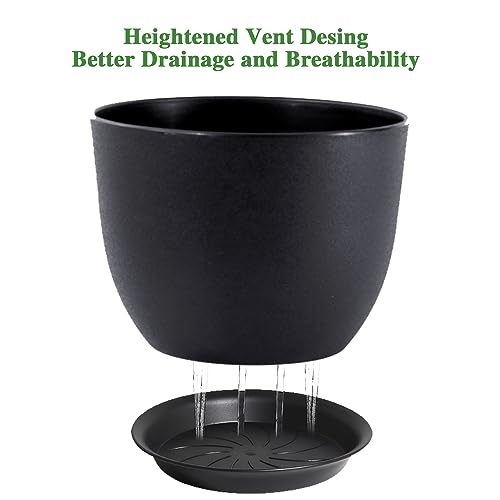 UOUZ 12inch Large Plant Pot, Modern Plastic Planter with High Driange Holes and Saucer for Indoor Outdoor Garden Plants and Flowers, Black - color: Black