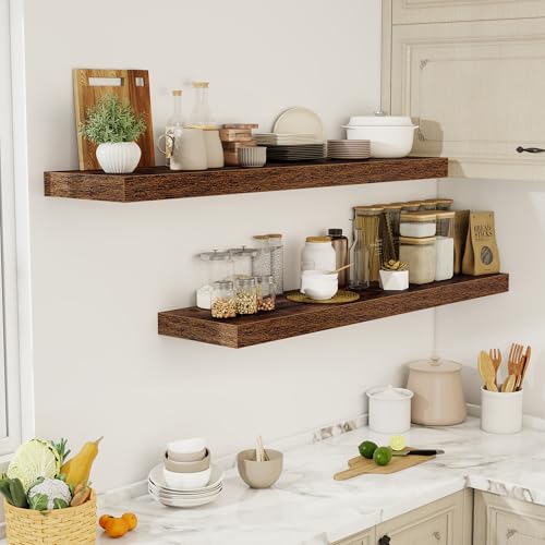 Acovy 55 Inch Floating Shelves, 12" Deep Floating Shelf Wall Mounted, 55" Wall Shelves, Rustic Deep Bookshelf, Extra Deeper & Thicker Display Shelves for Bedroom, Living Room, Brown, Set of 2 - color: Brown, size: 12"Wx55"L-2pcs