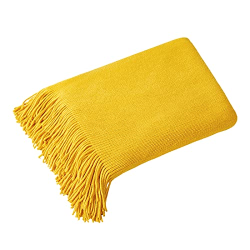 Homiest Mustard Yellow Knitted Throw Blanket with Fringe, 50x60 Inch - color: Mustard Yellow, size: 50" x 60"