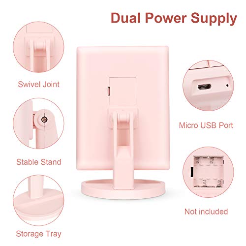 deweisn Tabletop Mount Tri-Fold Lighted Vanity Mirror with 21 LED Lights, Touch Screen and 3X/2X/1X Magnification, Two Power Supply Modes Make Up Mirror,Travel Mirror - color: Pink