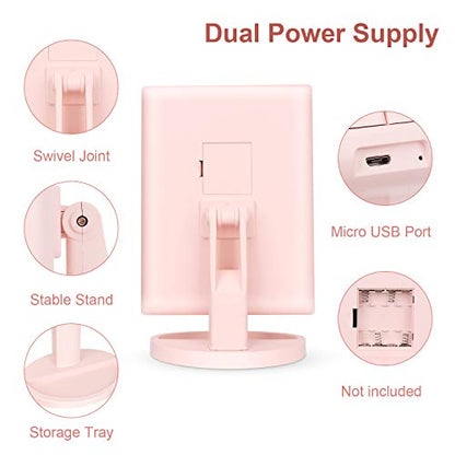 deweisn Tabletop Mount Tri-Fold Lighted Vanity Mirror with 21 LED Lights, Touch Screen and 3X/2X/1X Magnification, Two Power Supply Modes Make Up Mirror,Travel Mirror - color: Pink