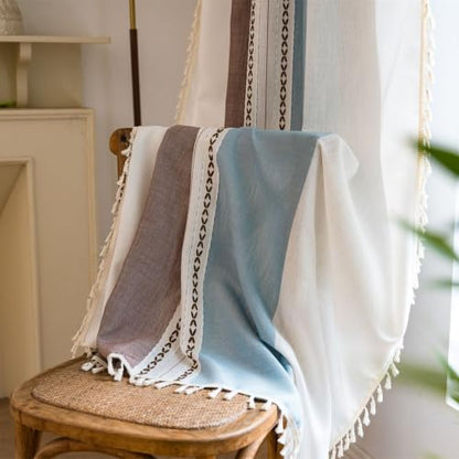 Deeprove Boho Linen Curtains 84 inch for Bedroom Living Room, Semi Blackout Textured Farmhouse Tassels Window Treatment Bohemian Embroidery Drape Rod Pocket 1 Panel 52" W x 84" L, Blue and Brown - color: Blue + Brown, size: 52"W x 84"L (Pack of 1)