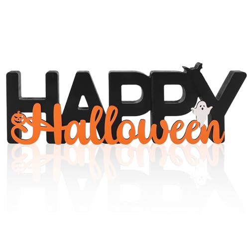 COCHIE Wooden Happy Halloween Sign, Ghost Decorations for Home, Office, Shelf, Mantel, Indoor, Wood J-o-lantern Pumpkin Decor, Black Orange Spooky Table Top Party Decoration (Happy Halloween) - color: Happy Halloween