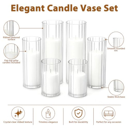 24 PCS White Pillar Candles and Ribbed Glass Cylinder Vases - color: White, size: 12+12