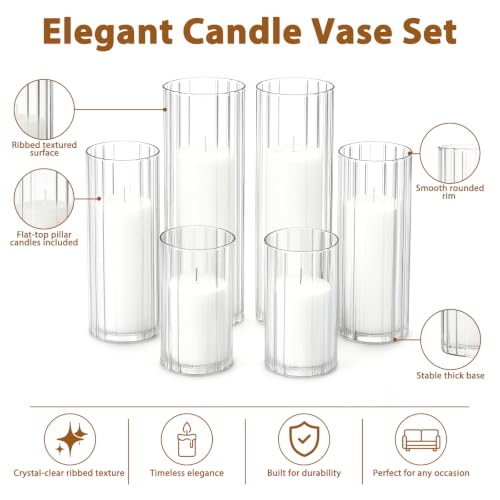 48 PCS White Pillar Candles and Ribbed Glass Cylinder Vases - color: White, size: 24+24
