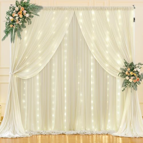 20 x 10ft Ivory Backdrop Curtains with Lights String for Party - color: Ivory, size: W5' x H10'(4 panels)