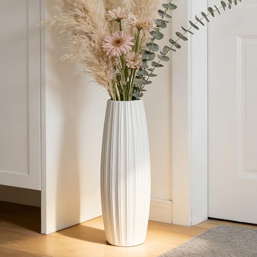 White Tall Ceramic Floor Vase, 17.7 Inch, Ribbed Drum Design - color: Vertical Stripes, size: Height-17.7 Inch