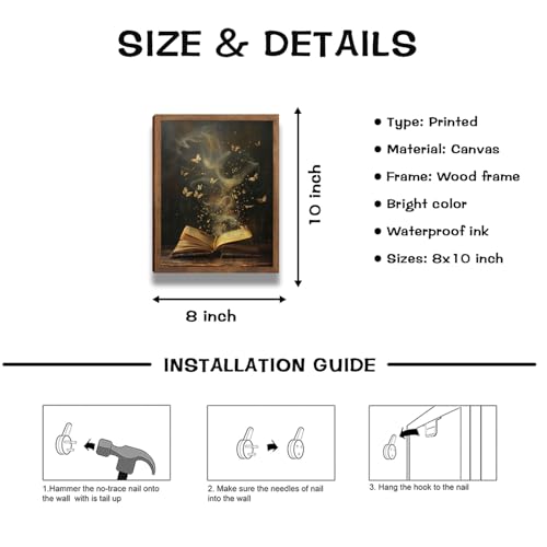 Golden Butterflies Funny Mystical Wall Art Dark Academia book art library decorVictorian Whimsical Enchanted book paintings wall decor Canvas for Bedroom Living Room Home Decor 8x10in Wood Framed - color: Golden Book, size: 10"L x 8"W