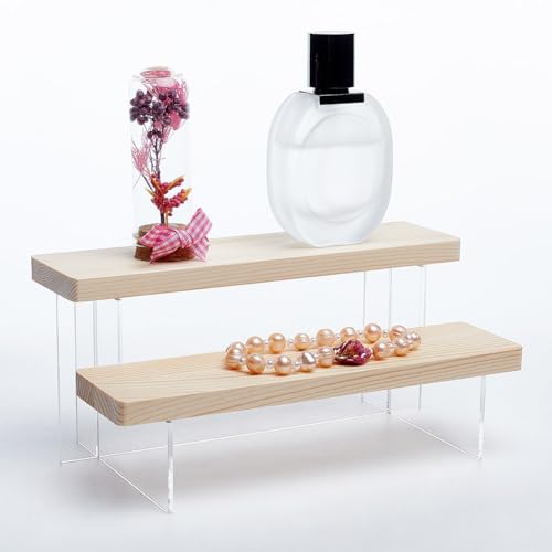 NBEADS 2-Tier Wooden Display Riser Shelf, Antique White Tabletop Small Food Stand Risers Acrylic Display Makeup Step Perfume Organizer for Cosmetics Figure Collection 3.46x7.87x4.33inch