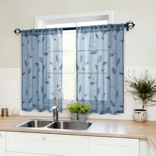 HOMEIDEAS Stone Blue Kitchen Tier Curtains Leaf Embroidered, 30x24 - color: Stone Blue, size: 30"W x 24"L (Pack of 2)