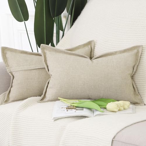 MADIZZ Pack of 2 Faux Rustic Linen Throw Pillow Covers with Flange Edge Soft Boho Natural Decorative Pillowcases for Sofa Living Room Modern Throw Pillows for Bed 12x20 Inch Beige - color: Beige, size: 20" x 12" (Pack of 2)