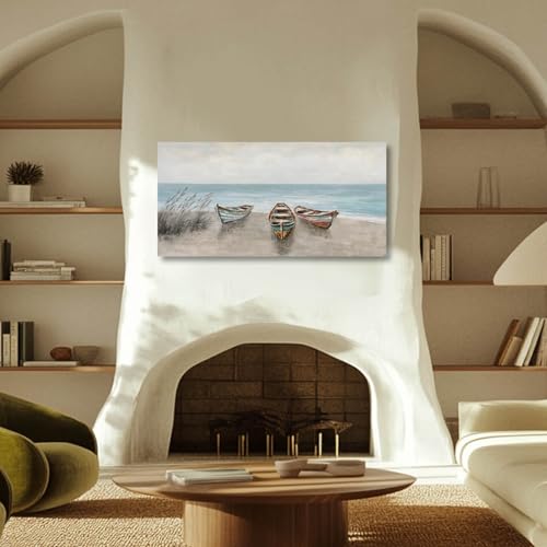 Coastal Boat Canvas Wall Art Beige Blue for Living Room 24x48 Inch - color: Blue and Brown, size: 48"L x 24"W