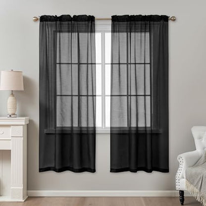 Black Sheer Curtains 72 Inches Long Rod Pocket - color: Black, size: 42"W x 72"L (Pack of 2)
