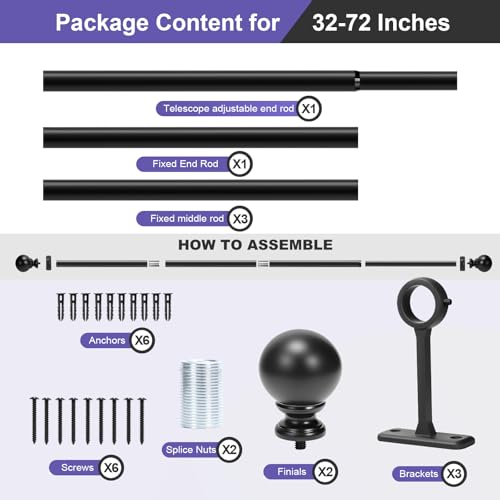 Heavy Duty Steel Curtain Rod 1 Inch Diameter - Adjustable 30-72 Inches for Windows, Room Dividers, Indoor/Outdoor - Rust-Resistant Matte Black Finish, Sturdy Meta - size: 30" - 72"