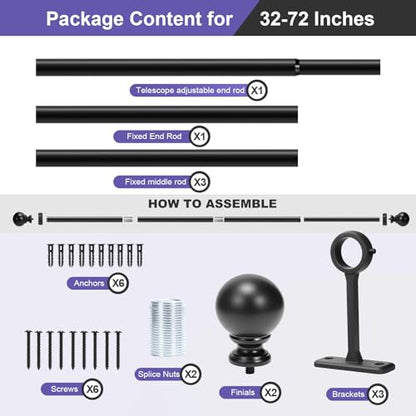 Heavy Duty Steel Curtain Rod 1 Inch Diameter - Adjustable 30-72 Inches for Windows, Room Dividers, Indoor/Outdoor - Rust-Resistant Matte Black Finish, Sturdy Meta - size: 30" - 72"