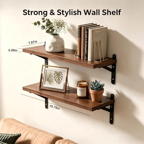 Walnut Floating Shelves Wall Mounted Set of 2, Heavy Duty Wood Wall Shelves with Reinforced Anti-Sag Brackets, Includes 12 Hollow Wall Anchors & Complete Installation Kit for Drywall & Concrete