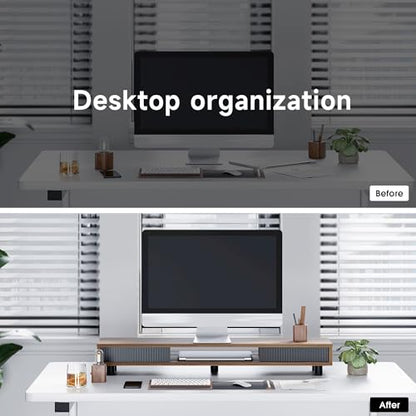 Fenge Dual Monitor Stand with Storage, Desk Shelf with Glass Sliding Door - color: Brown
