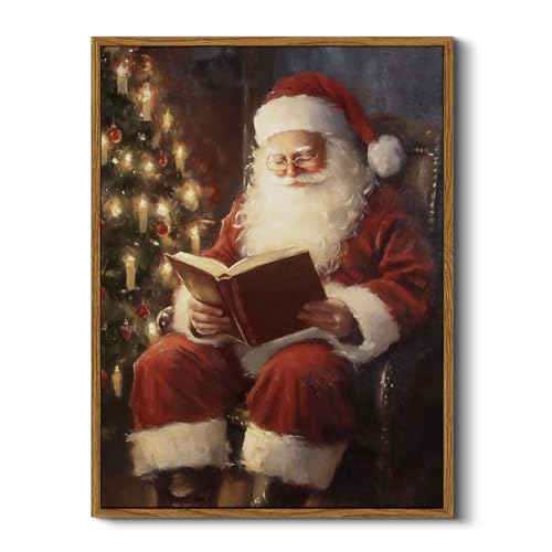 ARPEOTCY Framed Canvas Wall Art, Vintage Christmas Decor, Living Room Retro Santa Picture, Home Winter Decor for Bedroom Bathroom, Cottagecore Xmas Holiday Decorations Gifts, 12x16 Inch - color: Santa Reading Book, size: 16"L x 12"W