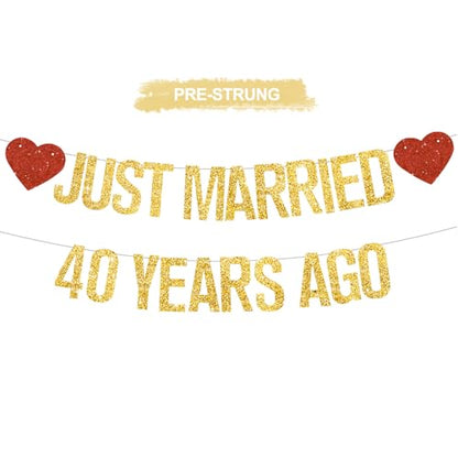 Gold Glitter Just Married 40 Years Ago Banner,NO DIY,Pre-Strung 40th Wedding Anniversary Party Decorations 40 Years Blessed & Loved Garland Sign We Still Do 40th Party Supplies - color: 40gold