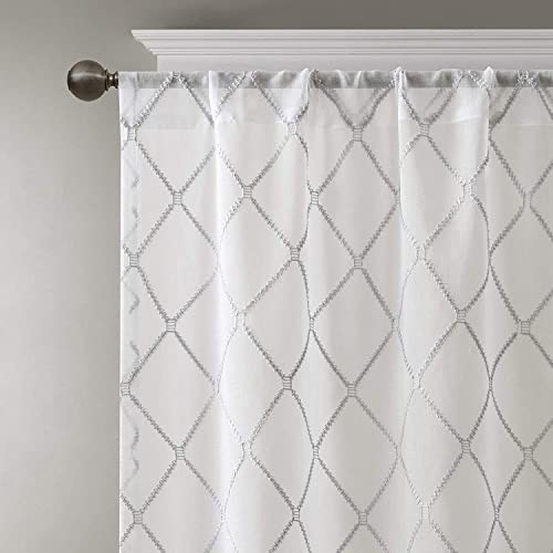 Madison Park Embroidered Diamond Irina Sheer Curtain 50x95 White/Grey - color: White/Grey, size: 50"W x 95"L (Pack of 1)