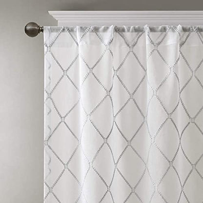 Madison Park Embroidered Diamond Irina Sheer Curtain 50x95 White/Grey - color: White/Grey, size: 50"W x 95"L (Pack of 1)