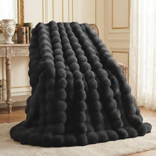 L'AGRATY Faux Rabbit Fur Throw Blanket for Couch, 90'' x 108'', Black - color: Pure Black, size: 90" x 108"