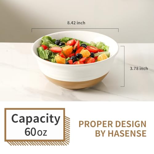 HASENSE Large Ceramic Serving Bowls Set of 2, 60 Oz 8.5 Inch White & Terracotta Stoneware Bowls, Farmhouse Bowls for Salad, Soup & Pasta, Dishwasher & Microwave Safe, Christmas Entertaining Dishes - color: White, size: 65 oz